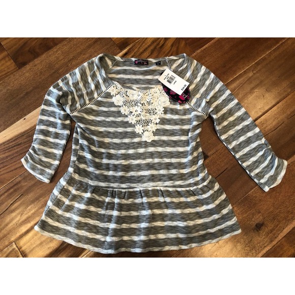 NEW Tempted Girls Light Sweater with Lace - Large Grey and White Stripes - Picture 1 of 2